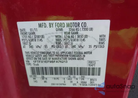 2011 Ford F-150 Xlt from USA, damaged, VIN 1FTFX1EF9BFA76213